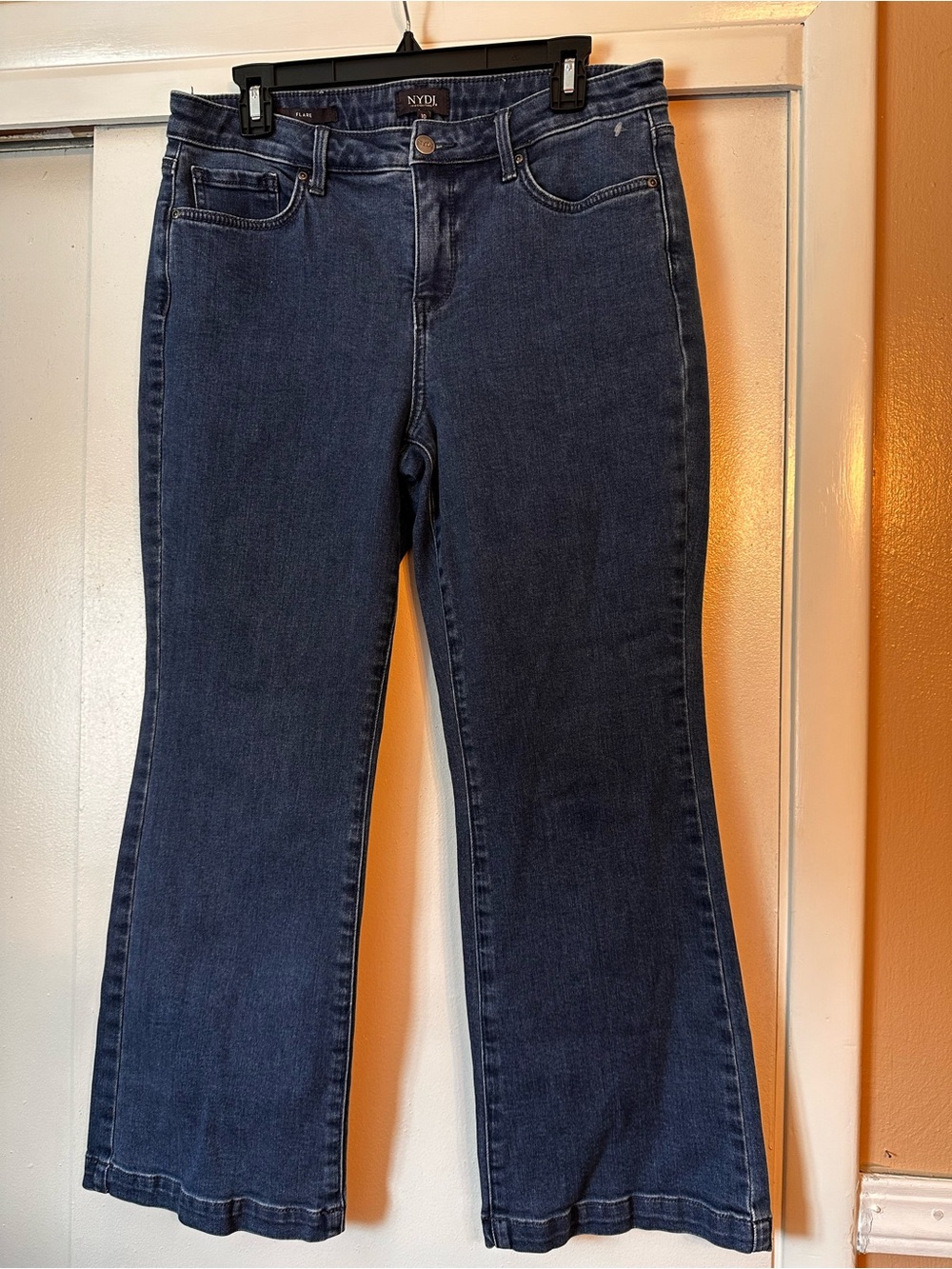 NYDJ Dark Blue Wide Leg Jeans Size 10 Petite 37 Inch Long.